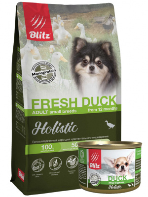 НАБОР Blitz Holistic Dog Adult Small Breeds Fresh Duck, утка, 1,5 кг + 1 консерва