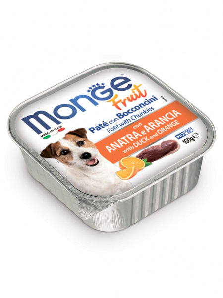 Monge Dog Fruit влажный корм для собак, мясные кусочки в паштете, утка с апельсином