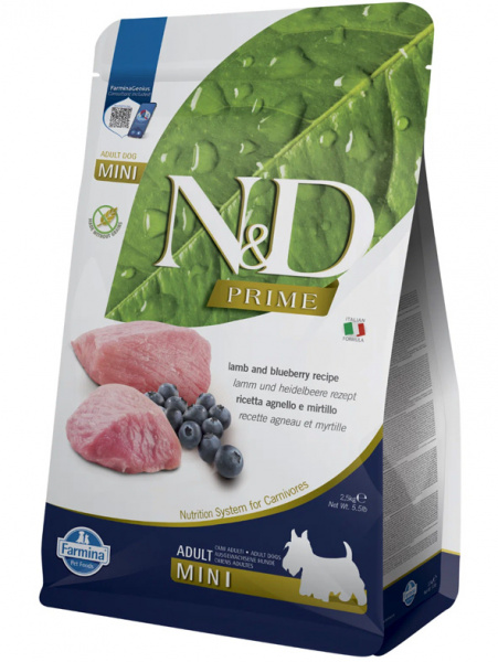 Farmina Prime N&D Dog Adult Mini Grain-Free Для маленьких пород, Ягненок и Черника