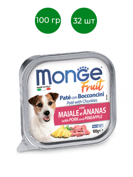 Monge Dog Fruit влажный корм для собак, мясные кусочки в паштете, свинина с ананасом