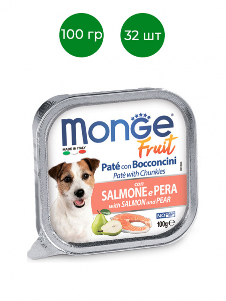 Monge Dog Fruit влажный корм для собак, мясные кусочки в паштете, лосось с грушей