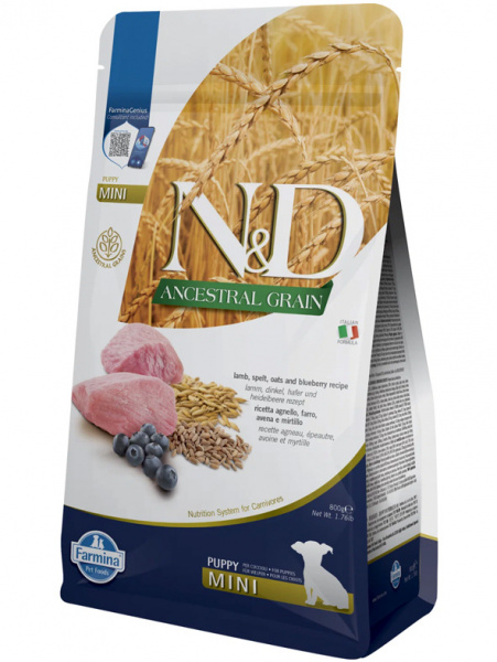 Farmina Ancestral Grain N&D Dog Puppy Mini Для щенков маленьких пород, Ягненок и черника, спельта, овес