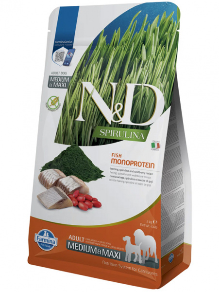 Farmina N&D Spirulina Dog Adult Medium&Maxi сухой корм для взрослых собак средних и крупных пород, сельдь, спирулина и ягоды годжи