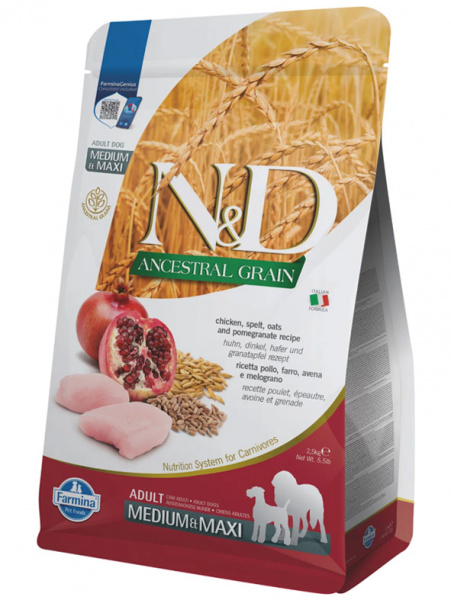 Farmina Ancestral Grain N&D Dog Adult Medium&Maxi Для средних и крупных пород, Курица, гранат, спельта и овес