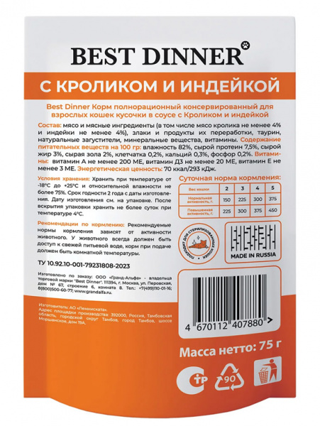 Best Dinner Cat Базис паучи для кошек, кусочки в соусе, с кроликом и индейкой