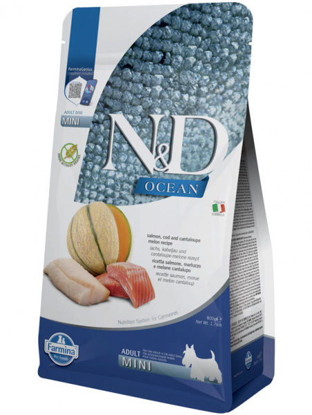 Farmina Ocean N&D Dog Adult Mini Grain-Free Для маленьких пород, Лосось, треска и дыня
