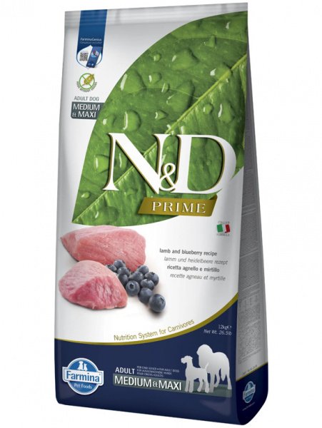 Farmina Prime N&D Dog Adult Medium&Maxi Grain-Free Для средних и крупных пород, Ягненок и черника