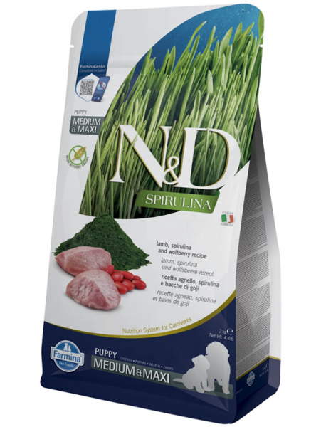 Farmina N&D Spirulina Puppy Medium&Maxi сухой корм для щенков, беременных и кормящих собак средних и крупных пород, ягненок, спирулина и ягоды годжи
