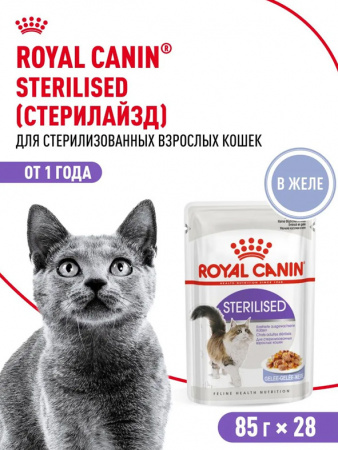 Royal Canin Sterilised влажный корм для взрослых стерилизованных кошек, кусочки в желе, паучи