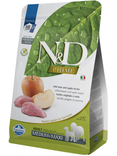 Farmina Prime N&D Dog Adult Medium&Maxi Grain-Free Для средних и крупных пород, Кабан и Яблоко