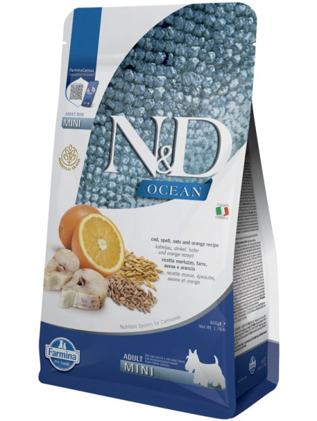 Farmina Ocean N&D Dog Adult Mini Grain-Free Для маленьких пород, Треска, апельсин, спельта и овес