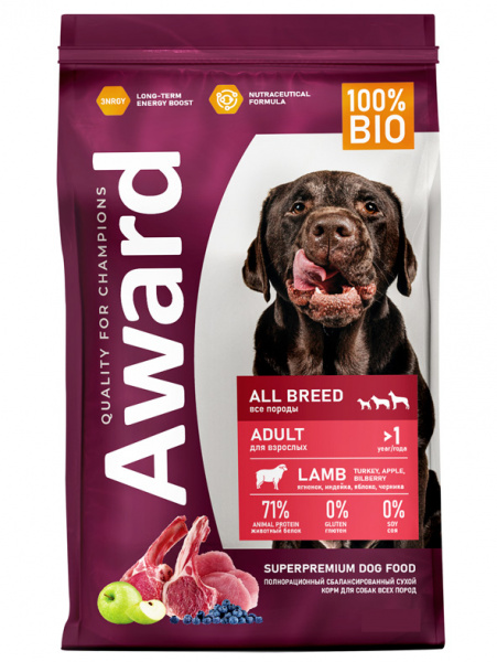Award Adult All Breed сухой корм для взрослых собак всех пород, ягненок и индейка с добавлением яблока и черники