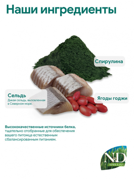 Farmina N&D Spirulina Dog Adult Mini сухой корм для взрослых собак мелких пород, сельдь, спирулина и ягоды годжи