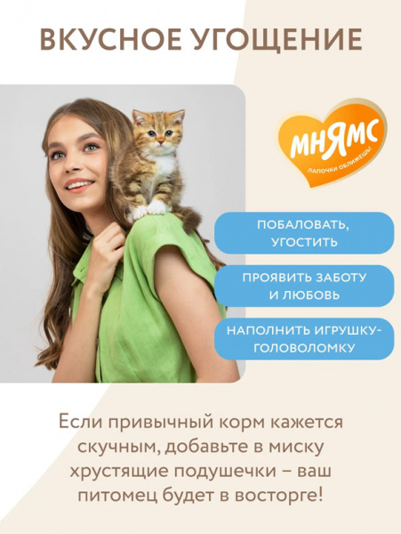 Мнямс Лакомство Здоровый котенок, Хрустящие подушечки для котят с цыпленком и яйцом, 60г