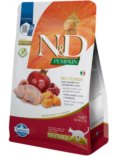 Farmina N&D Pumpkin Cat Adult Neutered Grain Free Для стерилизованных Перепел, тыква, гранат