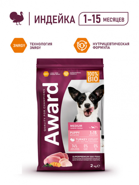 Award Puppy Medium Breed сухой корм для щенков, беременных и кормящих собак средних пород, индейка и курица с добавлением моркови и черной смородины