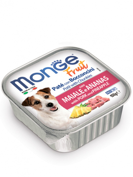 Monge Dog Fruit влажный корм для собак, мясные кусочки в паштете, свинина с ананасом
