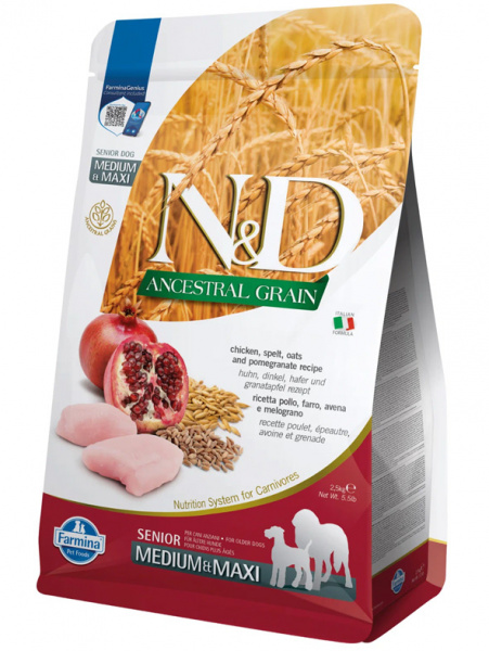 Farmina Ancestral Grain N&D Dog Senoir Medium&Maxi Для пожилых средних и крупных пород, Курица, гранат, спельта и овес
