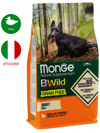 Monge Dog BWild Grain Free Mini Duck, беззерновой, утка с картофелем