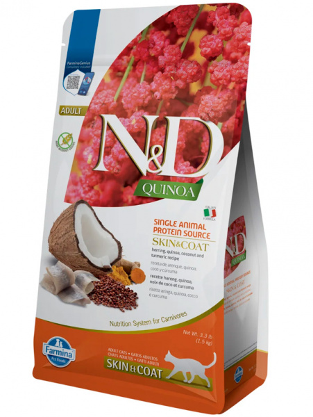 Farmina N&D Quinoa Cat Grain Free Skin&Coat Здоровье кожи и шерсти, Сельдь, кокос и киноа