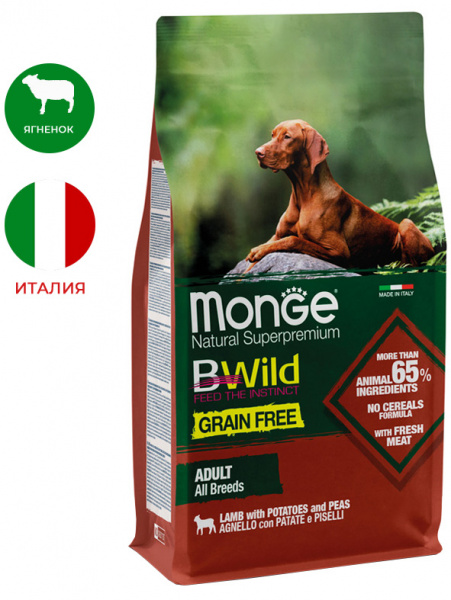 Monge Dog BWild Grain Free Lamb, беззерновой, ягненок с картофелем и горохом