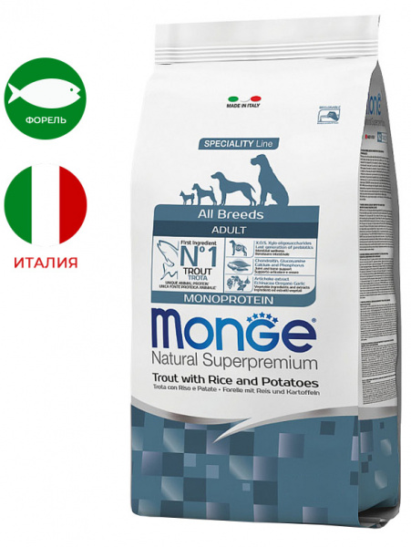 Monge Dog Speciality Line Adult Trout, форель с рисом и картофелем