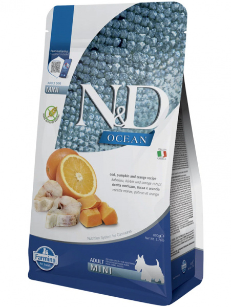 Farmina Ocean N&D Dog Adult Mini Grain-Free Для маленьких пород, Треска, тыква и апельсин